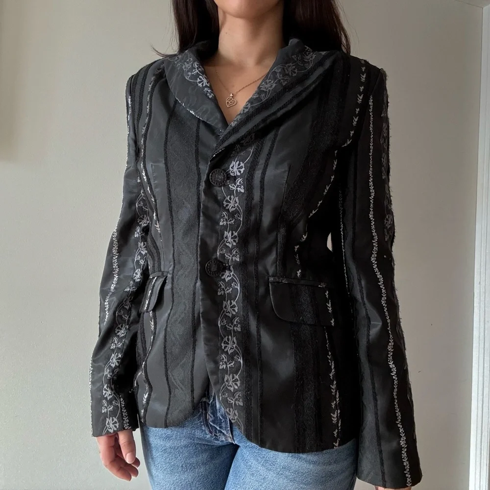 Vintage Gothic Whimsigoth Black Satin Blazer with Silver Embroidery - Picture 3 of 9